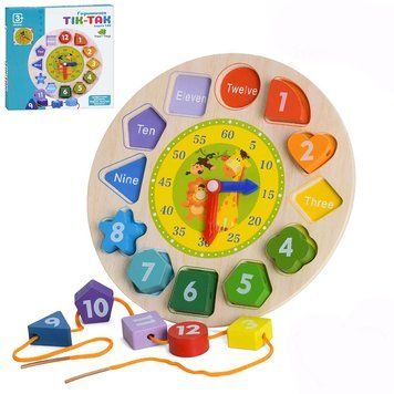 Деревянная игрушка-часы 3в1 Tree Toys MD 0767 со шнуровкой и рамкой-вкладышем 196092 фото &mdash; Кузя