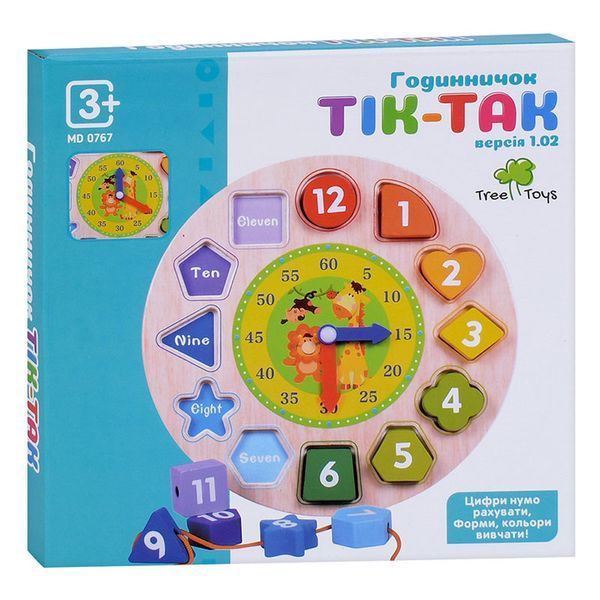 Дерев'яна іграшка-годинник 3в1 Tree Toys MD 0767 зі шнурівкою та рамкою-вкладишем 196092 фото &mdash; Кузя