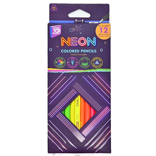 Кольорові тригранні олівці "Neon" Color for School № CF15167, 12 кол. 176002 фото — Кузя