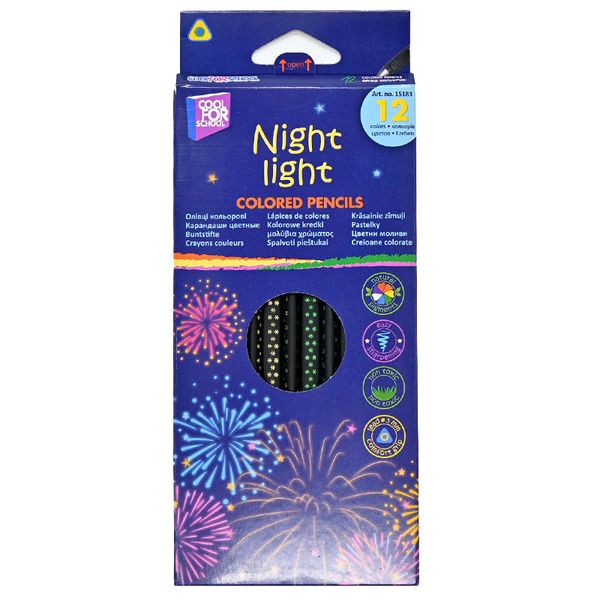 Кольорові тригранні олівці "Night light" Color for School № CF15183, 12 кол. 176000 фото — Кузя