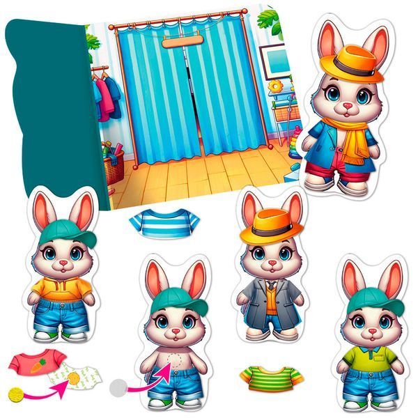 Гра з липучками Одягалка Зайчик Vladi Toys VT 320-04 з набором одягу та ігровим фоном 192332 фото &mdash; Кузя