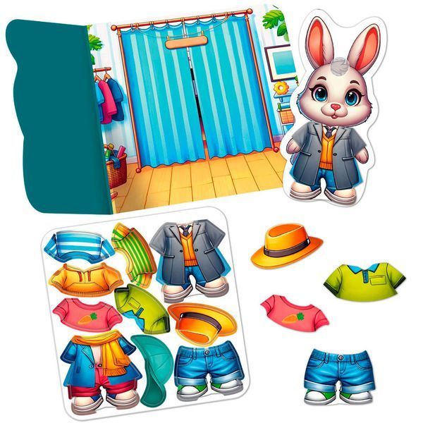Гра з липучками Одягалка Зайчик Vladi Toys VT 320-04 з набором одягу та ігровим фоном 192332 фото &mdash; Кузя